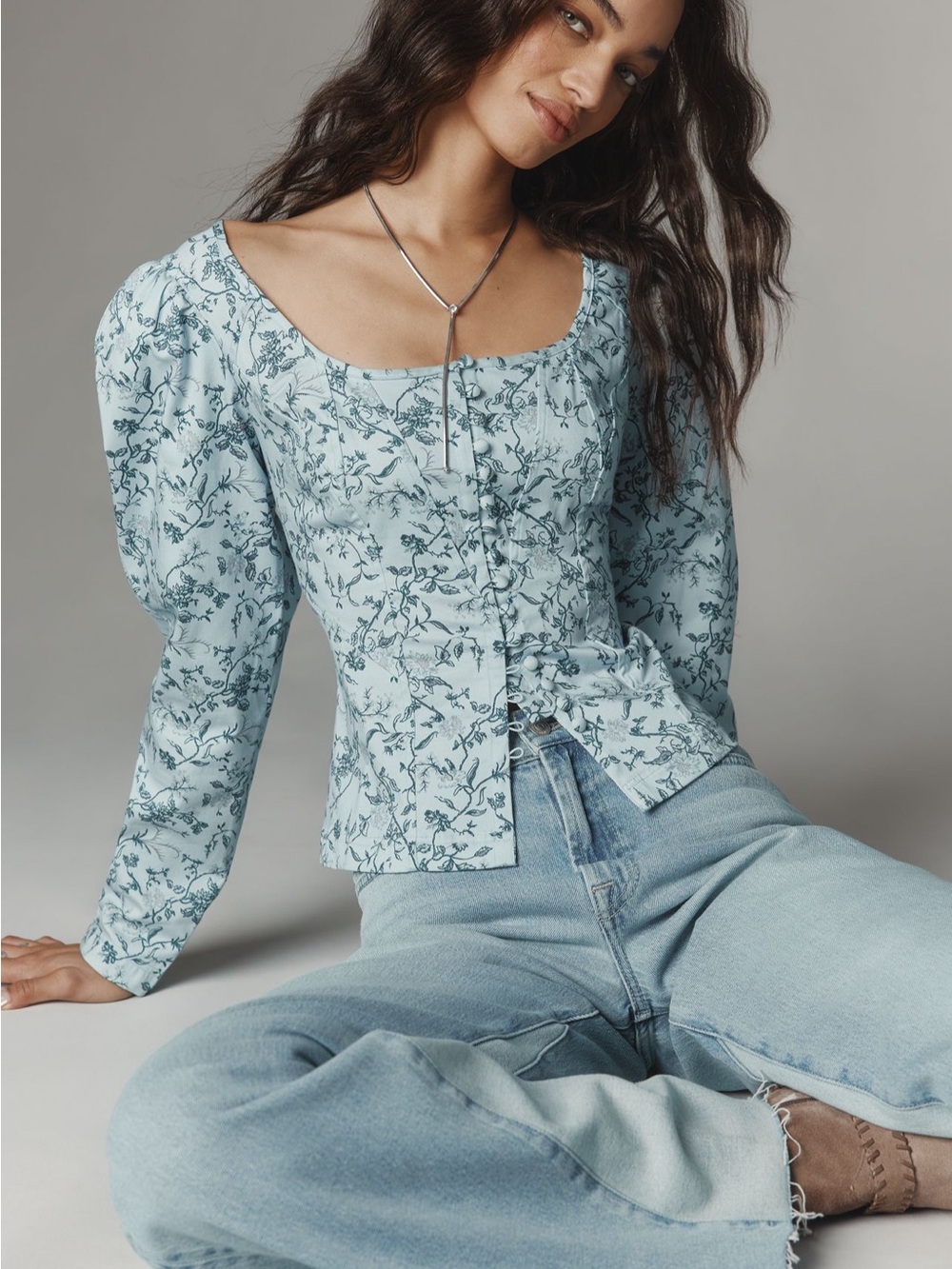 Anthropologie Pale Blue Floral Scoop-Neck Button Blouse